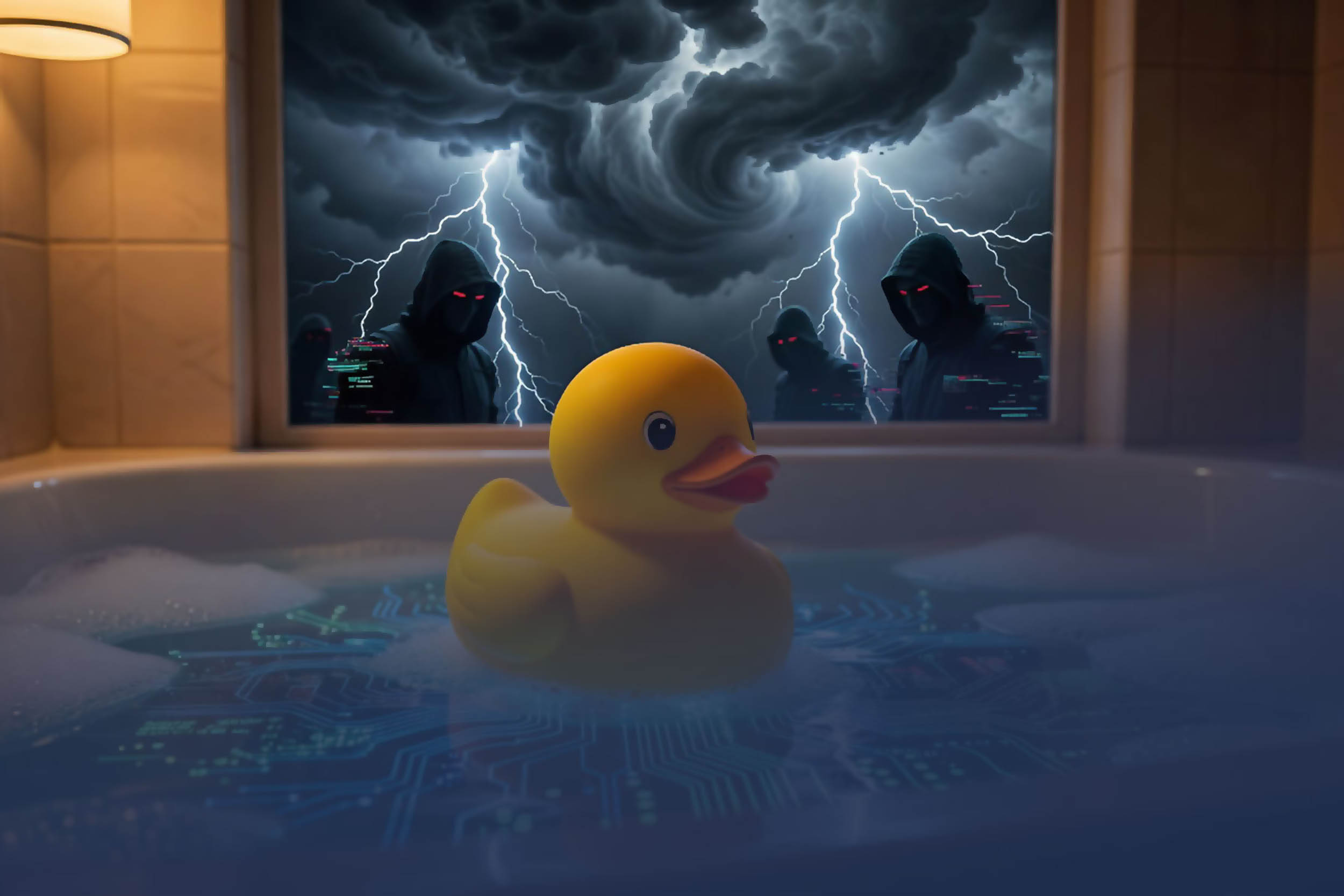 Innocent rubber duck bobs in bath with cyber criminals looming through the window, ready to pounce.