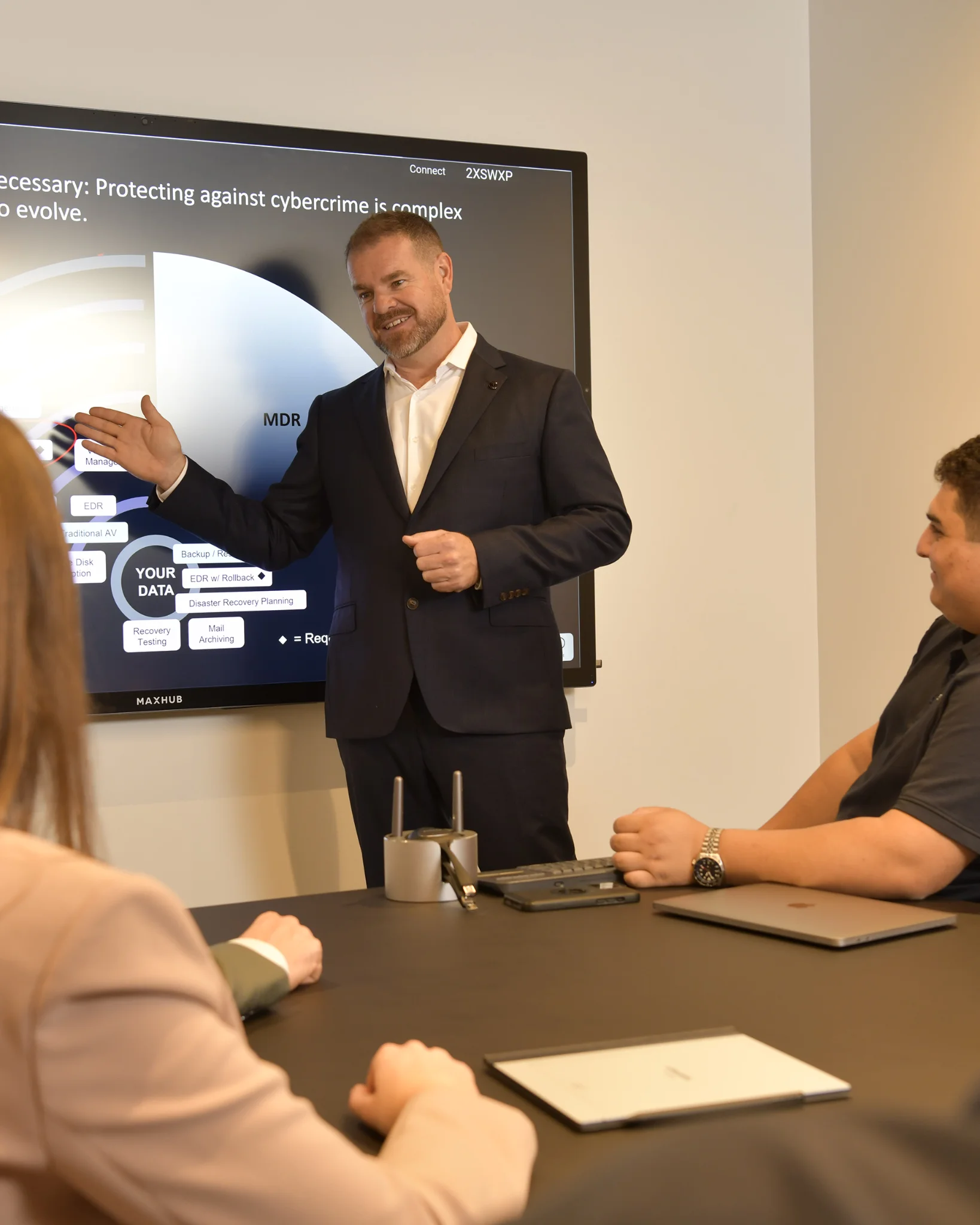 Symsafe CEO presents cybersecurity information on a smart screen in the boardroom