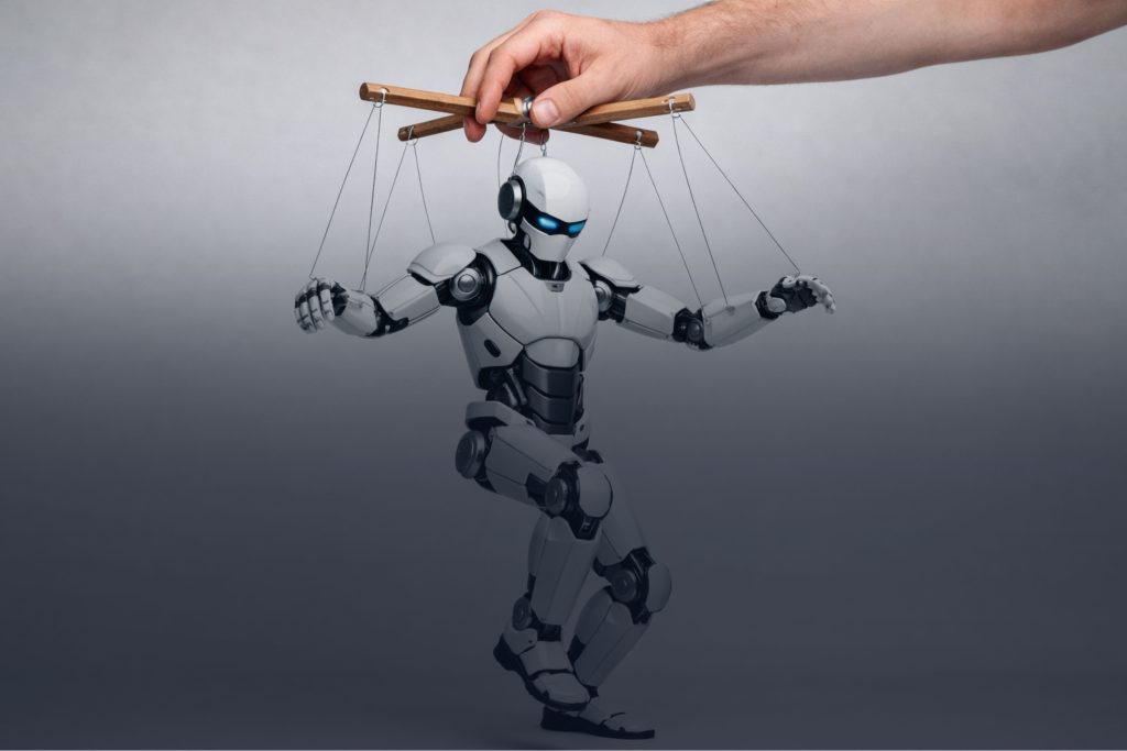 AI robot being controlled by a human hand like a puppet
