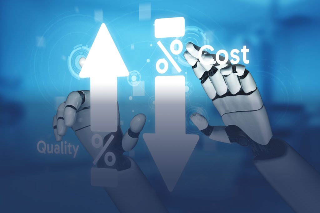 Collage image of an AI robot indicating up and down arrows representing percentages - illustrating the variability of AI costs